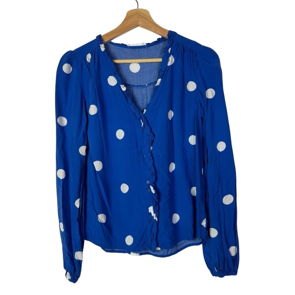 MNG Mango Royalβ Blue White Large Polka Dot Button Down Long Sleeve Blouse XS